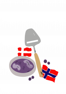 Illustration: Käsehobel, Blaubeersuppe, Dänemark-Flagge, Norwegen-Flagge und Blaubeeren. Fika mit Marion 